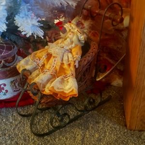Antique Christmas Doll and Wicker Stroller